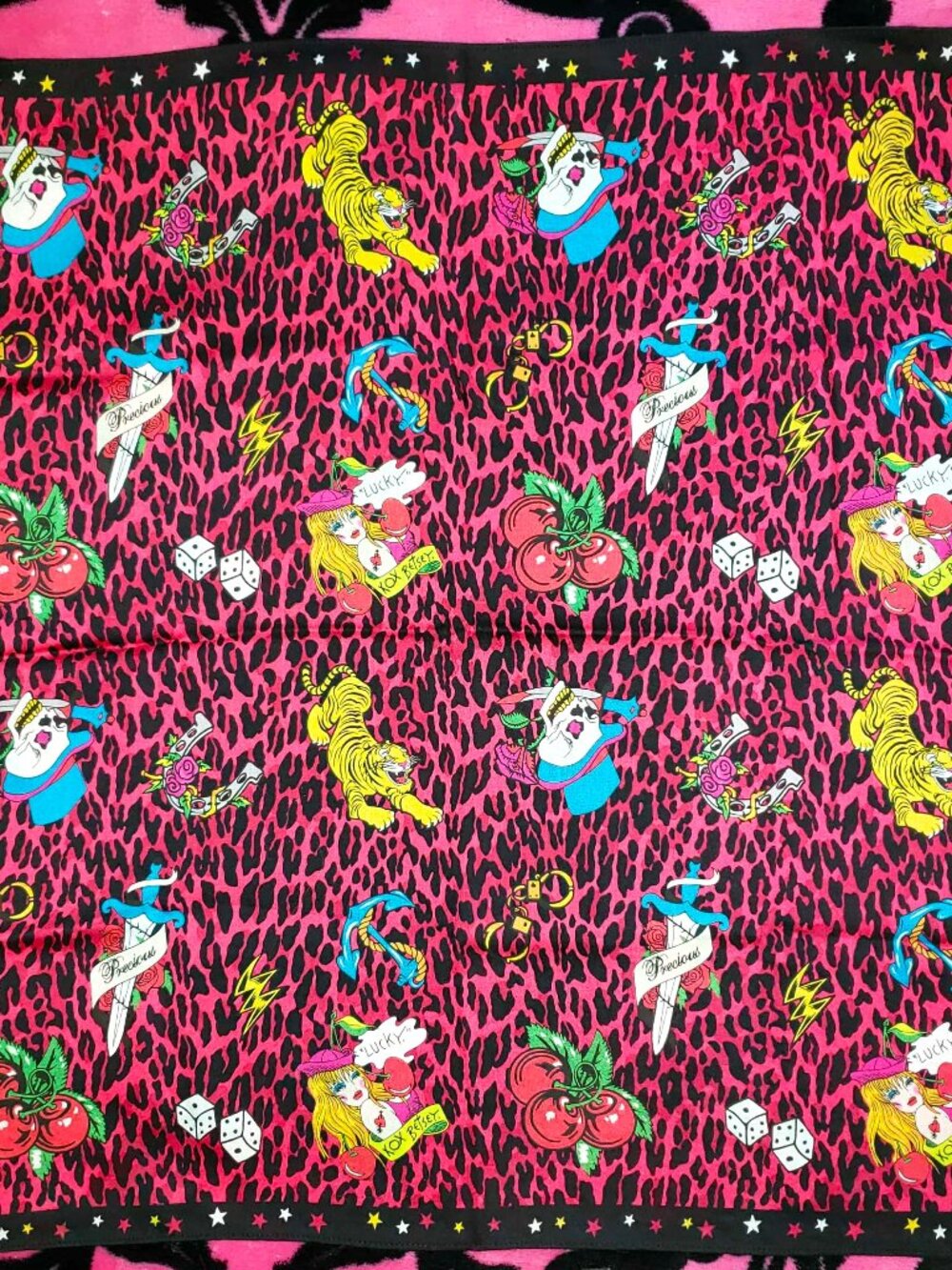 Vintage Betsey Johnson Tattoo Dress Scarf Bandana Pink Leopard Cherries Skull